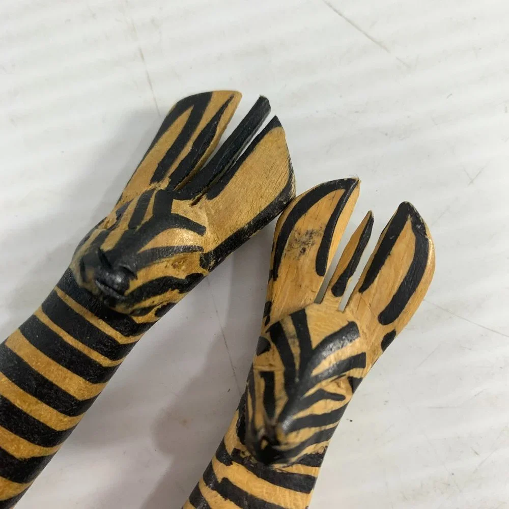 Wooden Hand Carved Kenya Zebra Salad Servers Tongs Spoon Fork African Art Wood